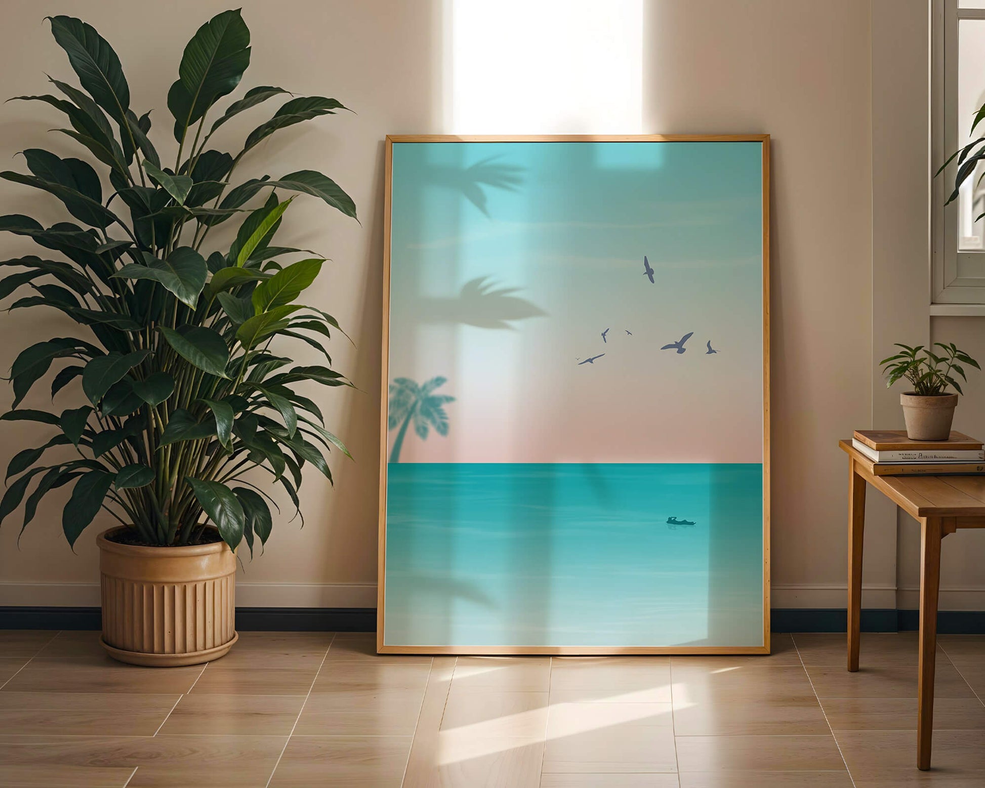 Serene Beach Landscape with Palm Trees and Seagulls at Sunset