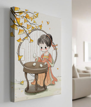 Charmante illustration d'une fille en tenue traditionnelle avec des feuilles de ginkgo