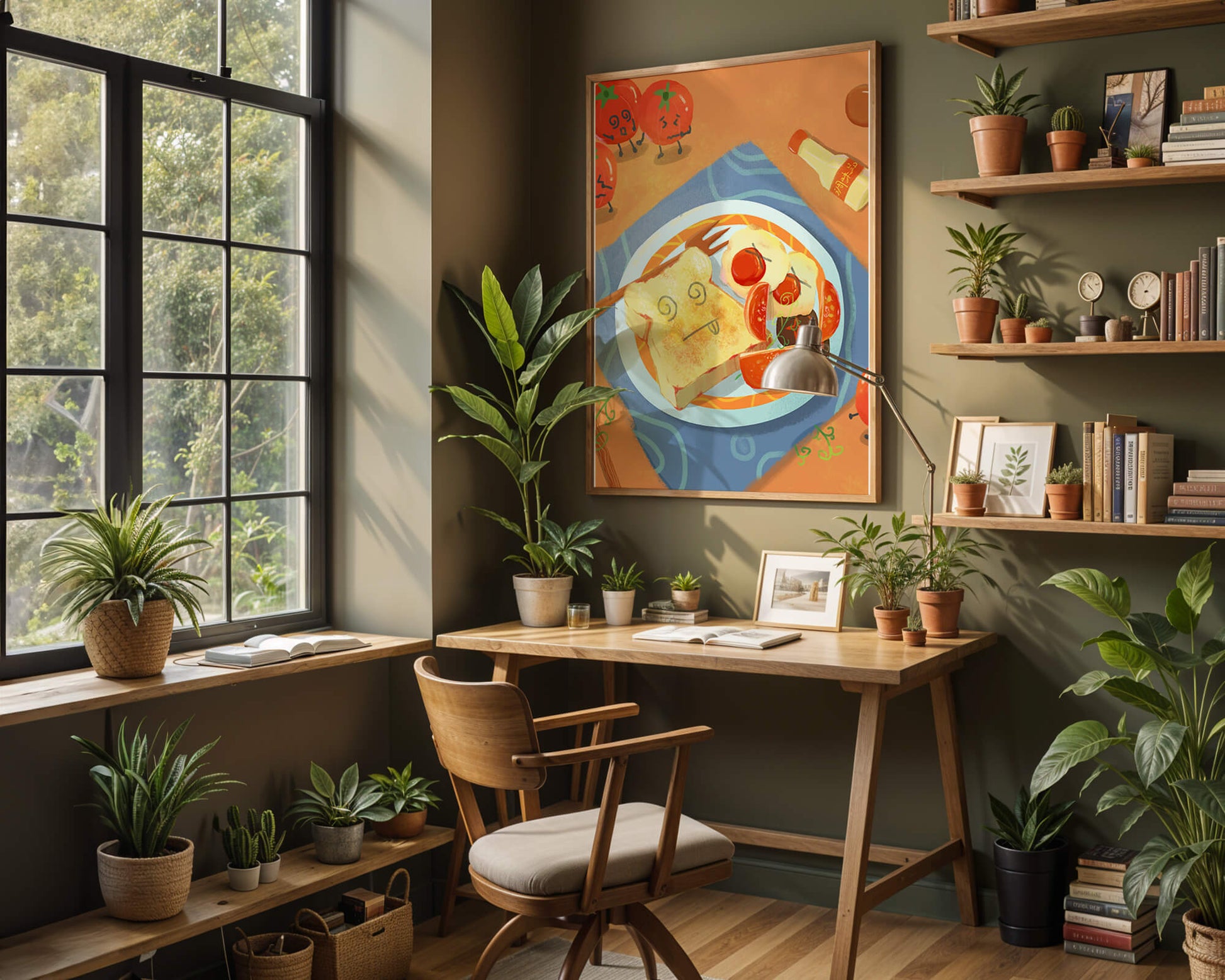 Desayuno caprichoso con tomates animados y tostadas en un plato brillante