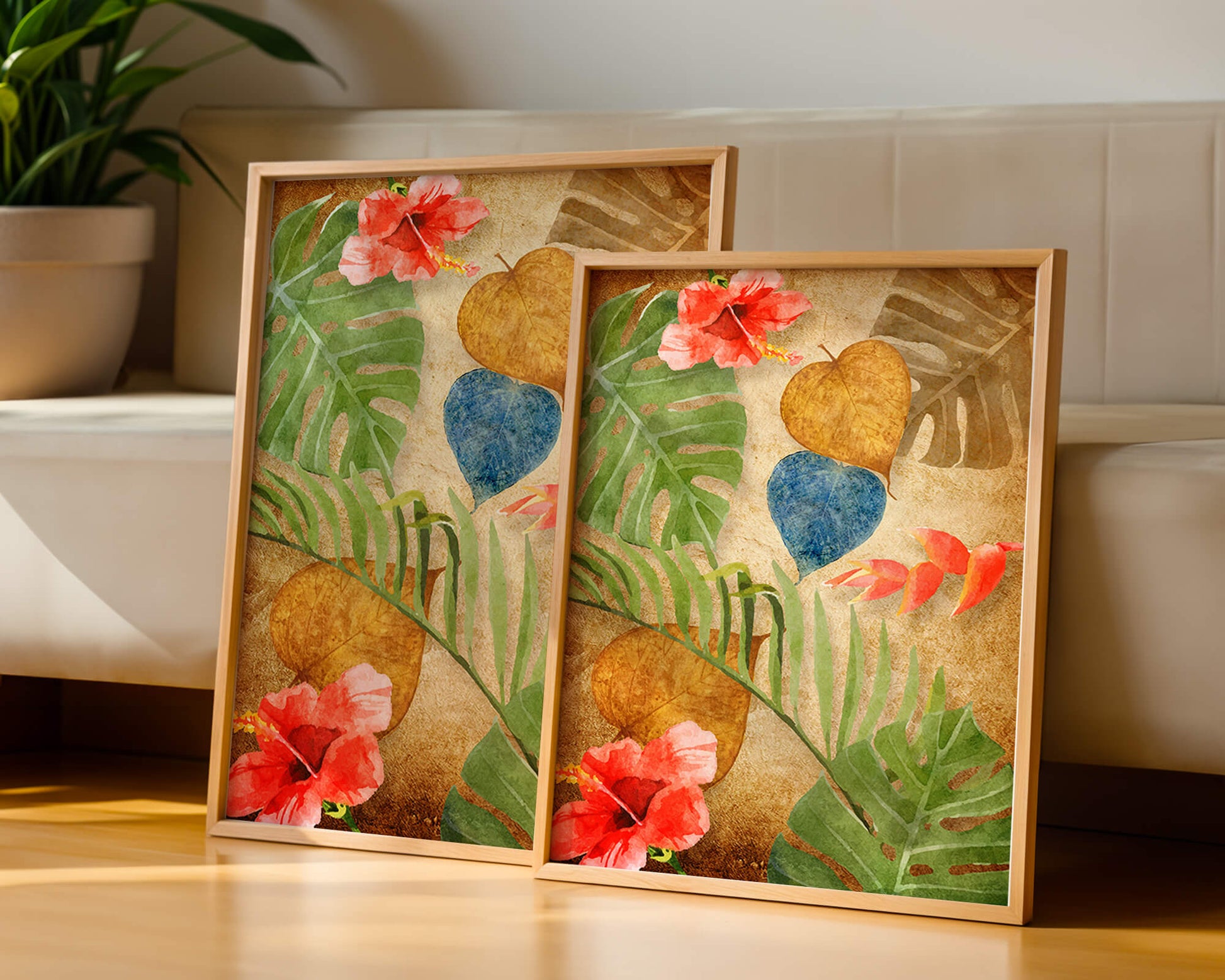 Vibrant tropical leaves and flowers watercolor design