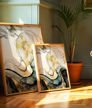 Arte abstracto con líneas fluidas y detalles dorados