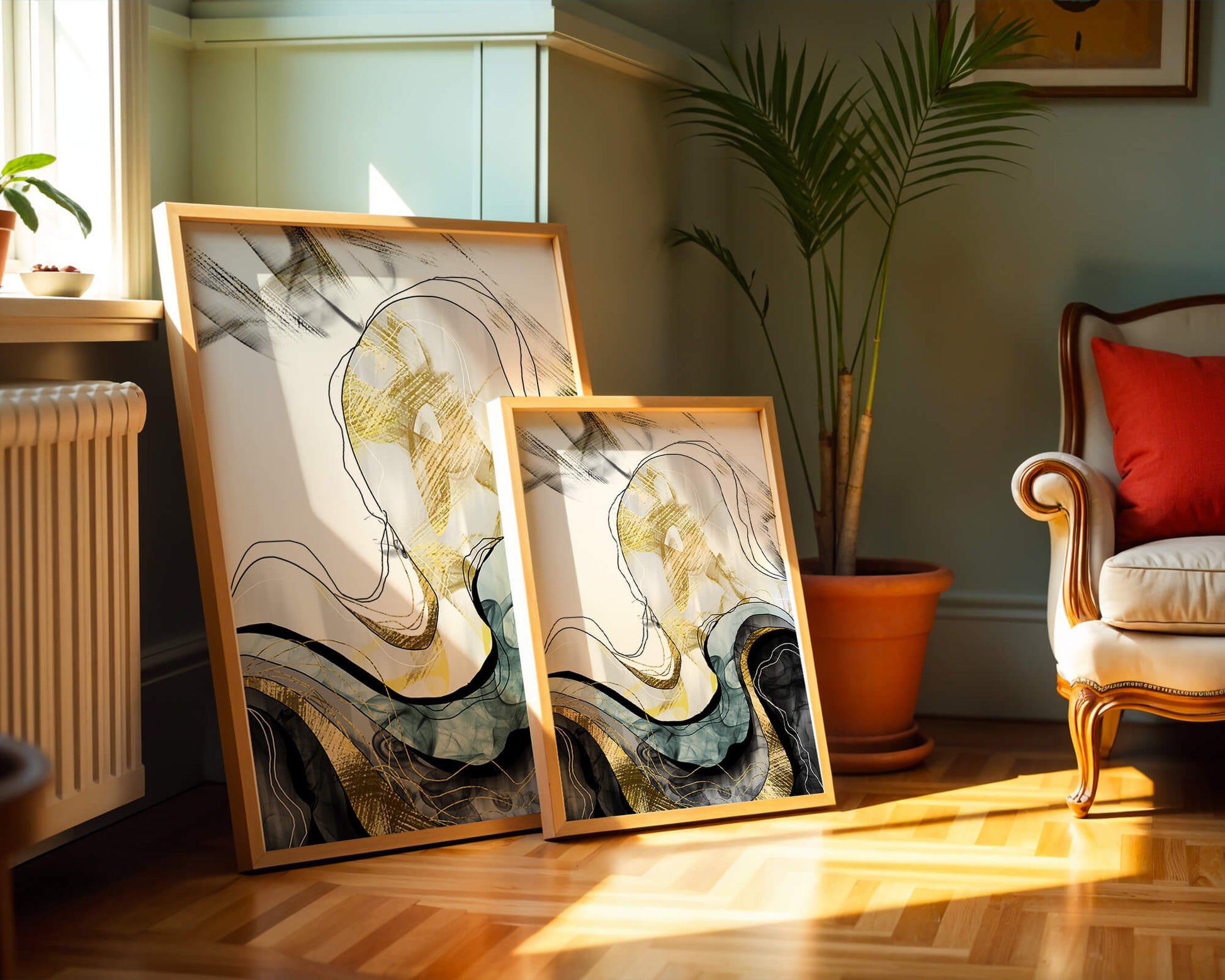 Arte abstracto con líneas fluidas y detalles dorados