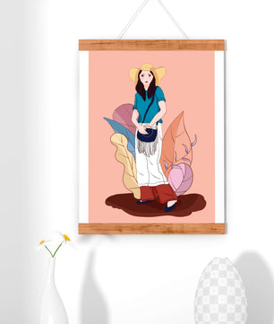 Ilustración de moda de una mujer con sombrero sobre fondo pastel