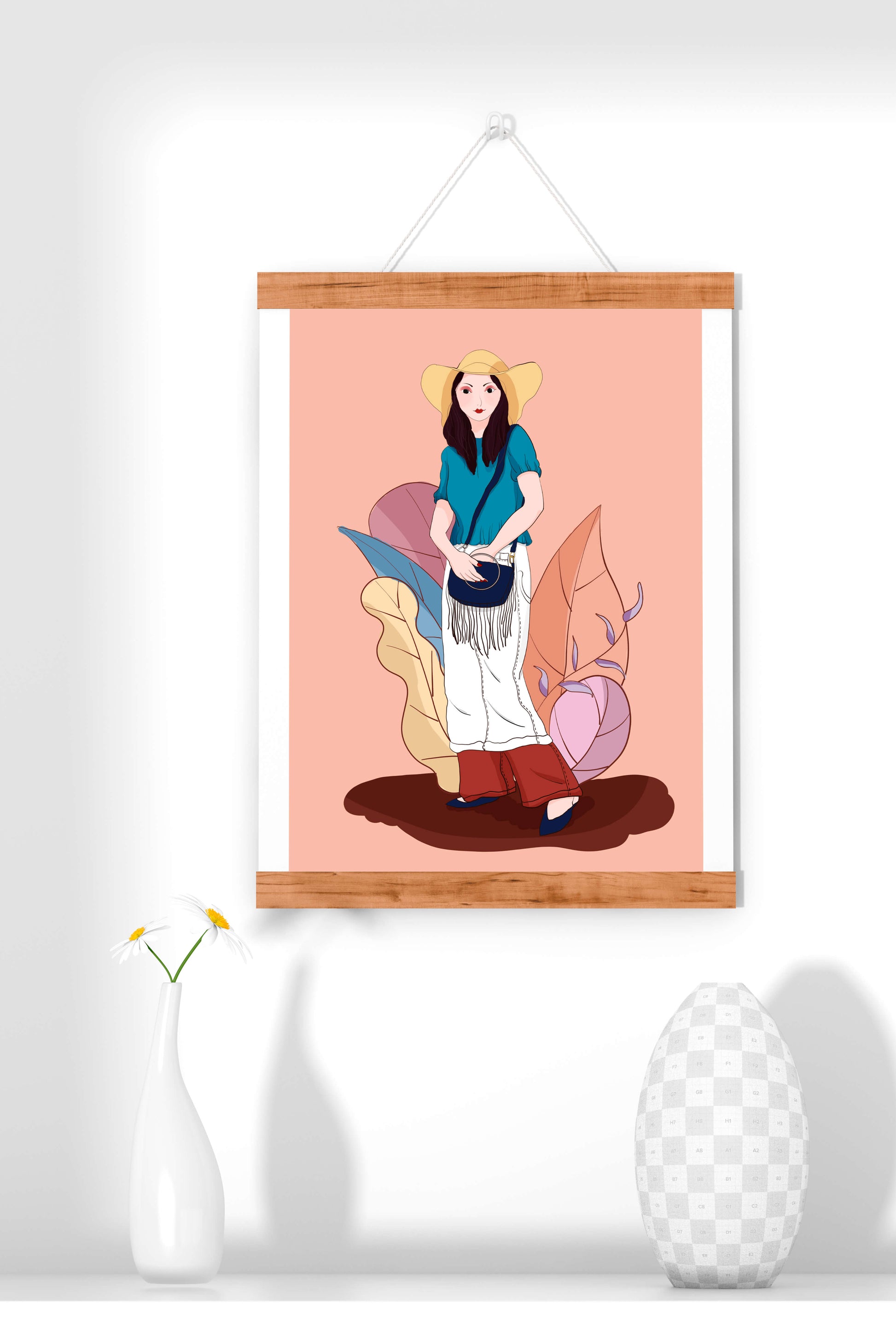 Ilustración de moda de una mujer con sombrero sobre fondo pastel