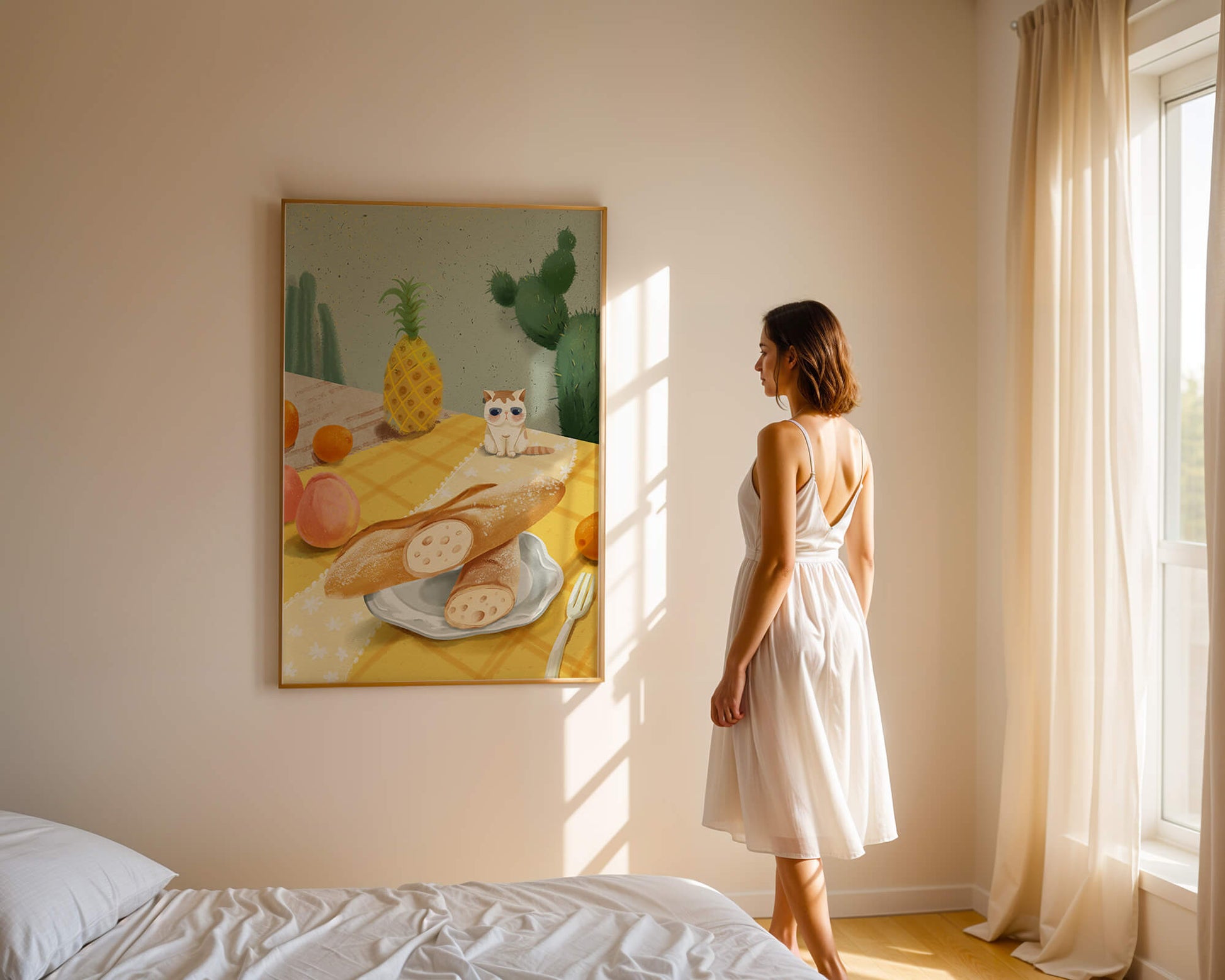 Gato con gafas de sol en un entorno tropical con baguettes y frutas