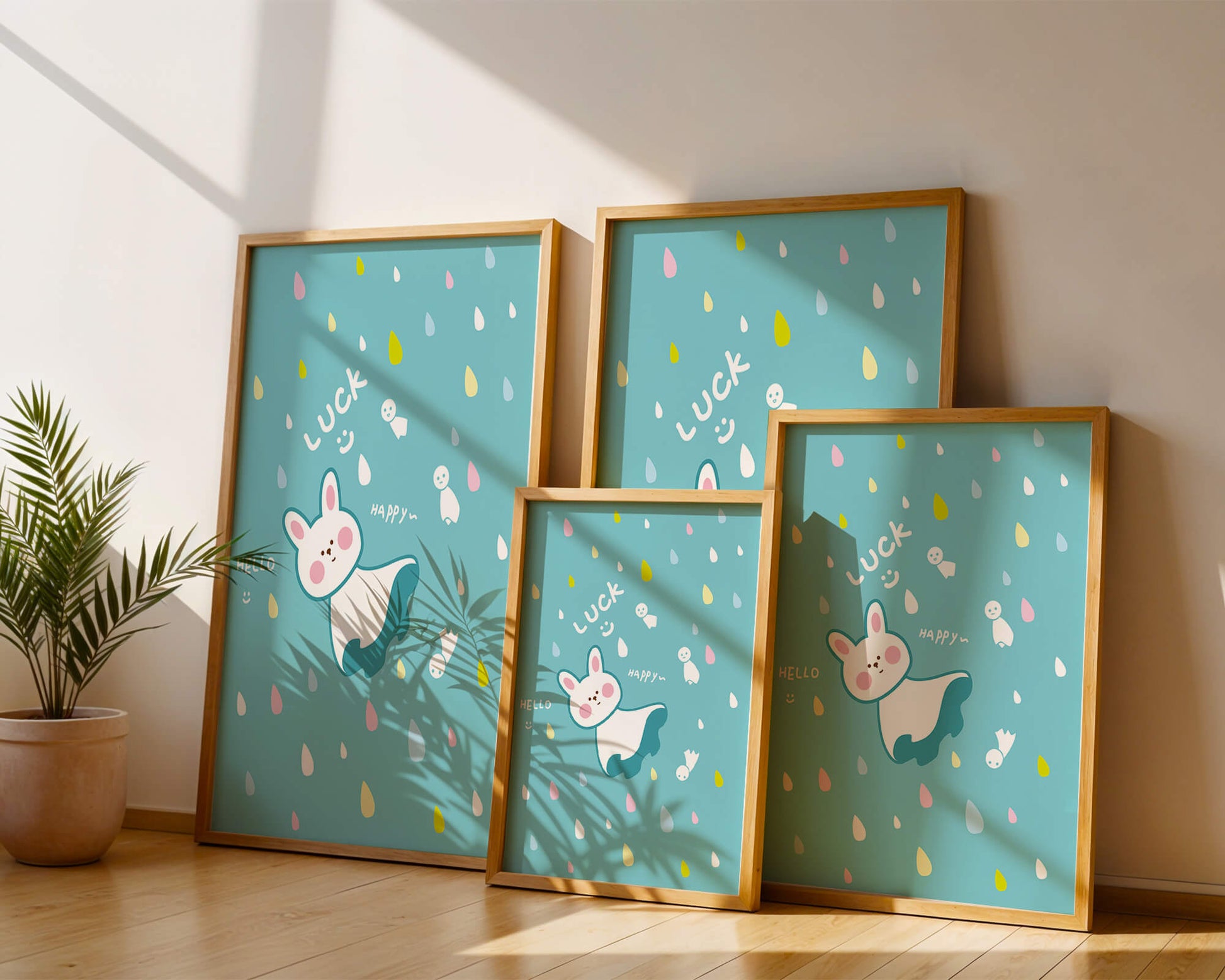 Adorable cartoon bunny with colorful drops on a blue background