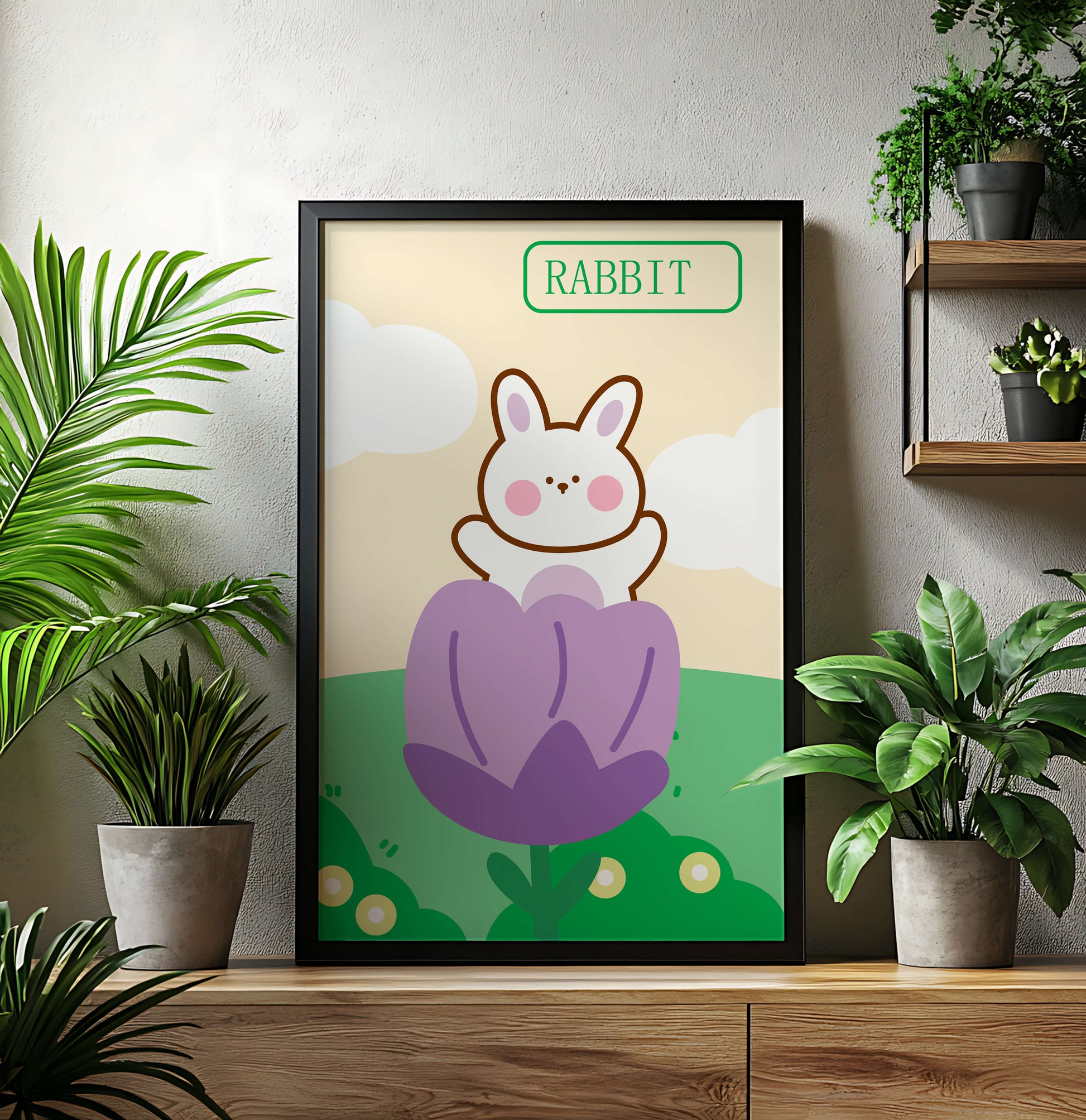 Ilustración caprichosa de un conejo adorable en una flor con colores pastel