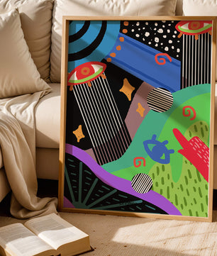 Œuvre d'art psychédélique abstraite colorée avec des formes géométriques et des yeux