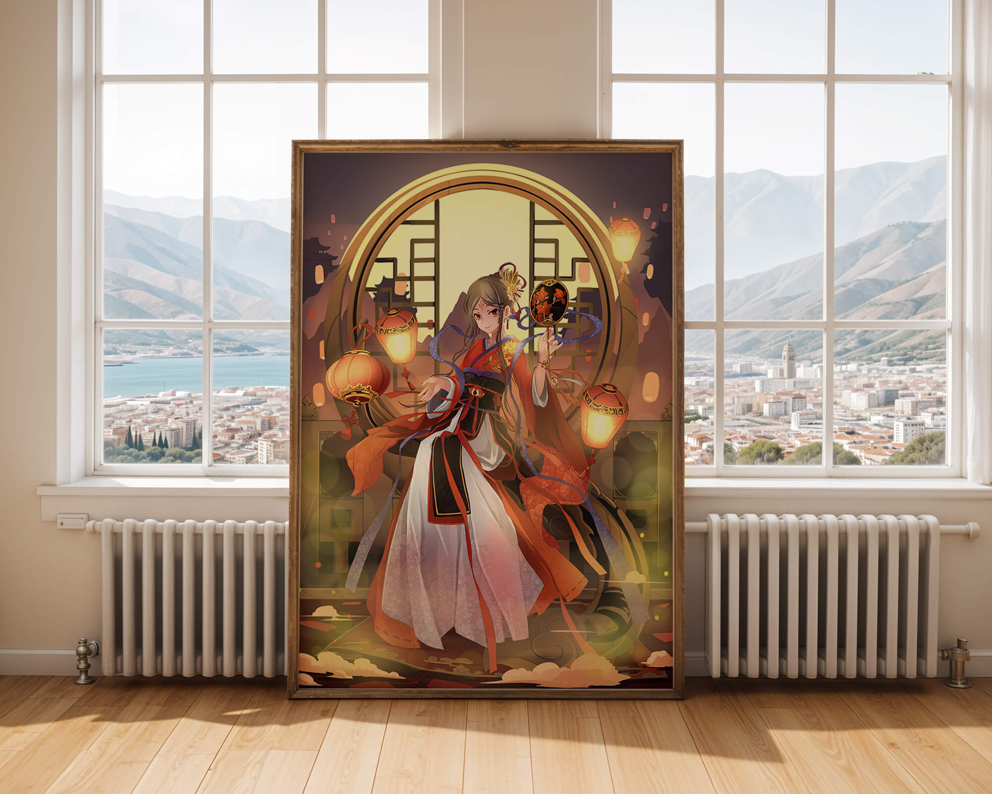 Elegant Asian-inspired fantasy artwork with lanterns