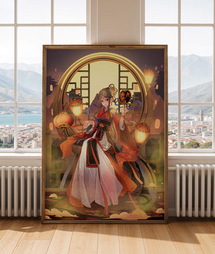 Elegant Asian-inspired fantasy artwork with lanterns