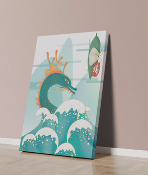 Illustration d’un dragon avec des vagues et des éléments traditionnels chinois