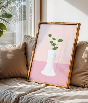Simple Minimalist Illustration of a White Vase with Green Leaves on a Pink Background - Mi tienda