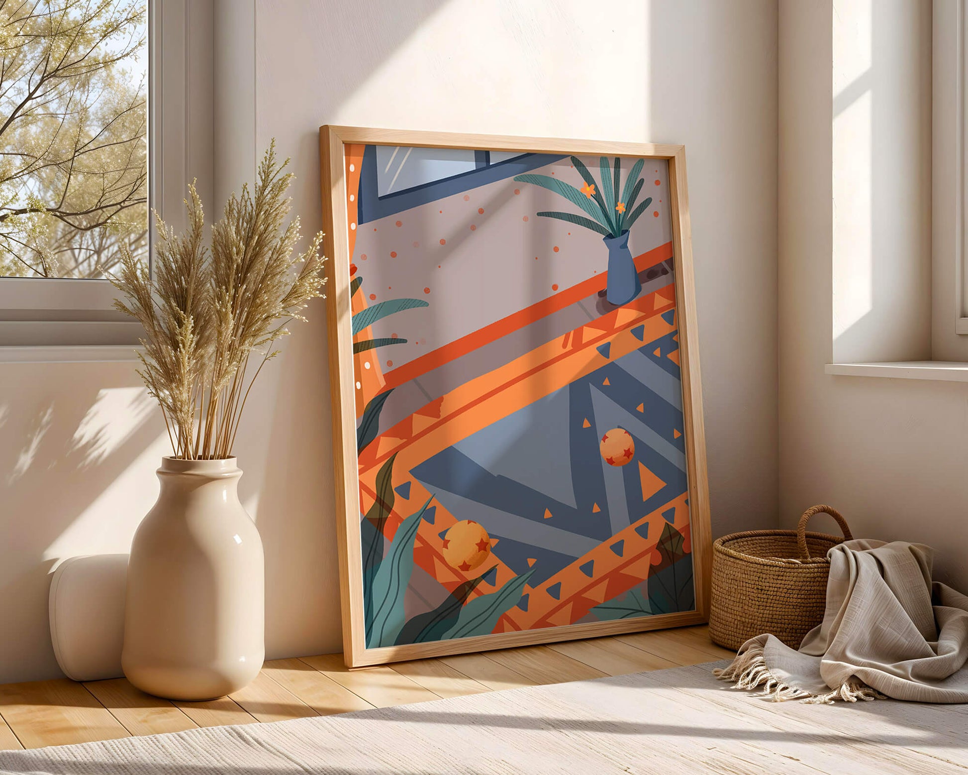 Interior abstracto moderno con patrones geométricos y planta