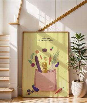 Ilustración de vegetales frescos y leche en una bolsa de comestibles
