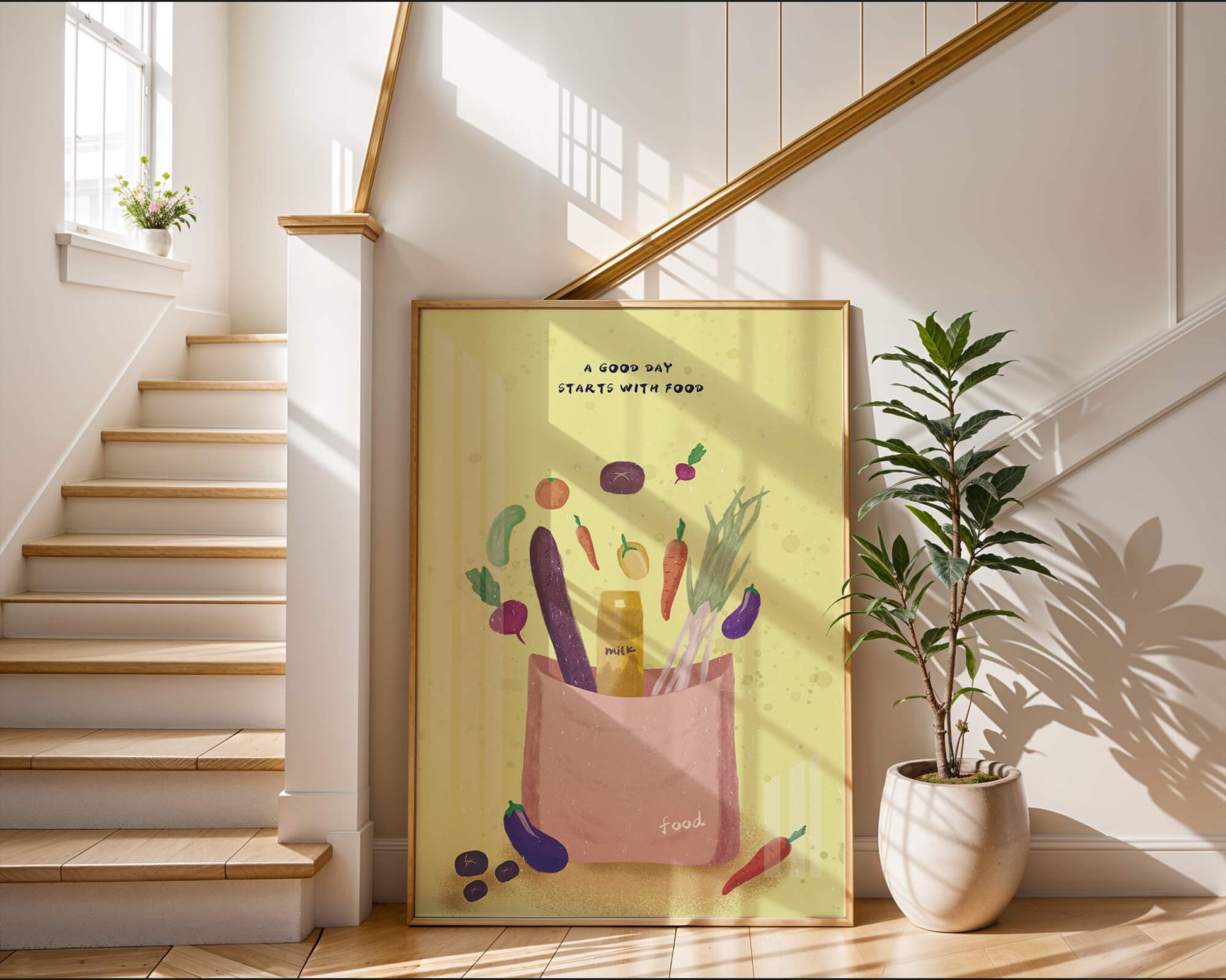 Ilustración de vegetales frescos y leche en una bolsa de comestibles