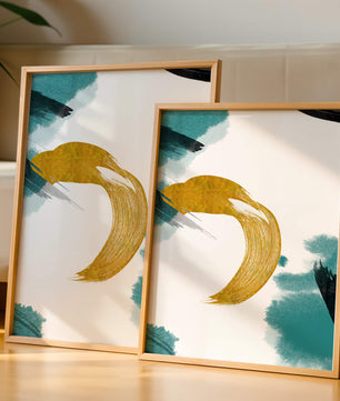 Abstract Gold and Teal Brush Strokes on White Background
