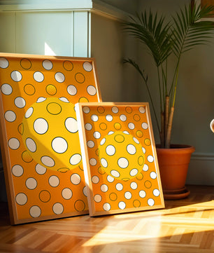Colorful geometric pattern with white polka dots on orange background