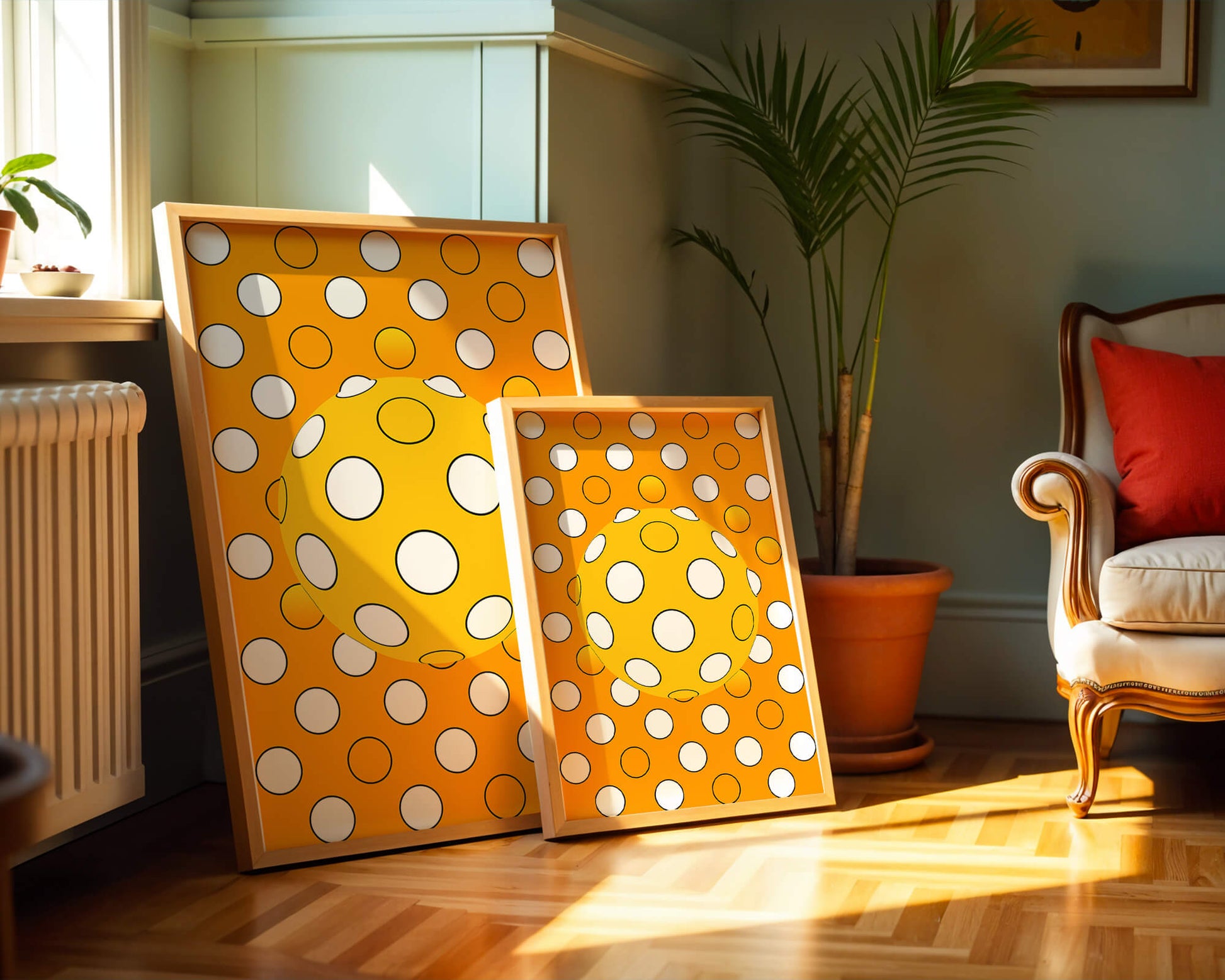 Colorful geometric pattern with white polka dots on orange background