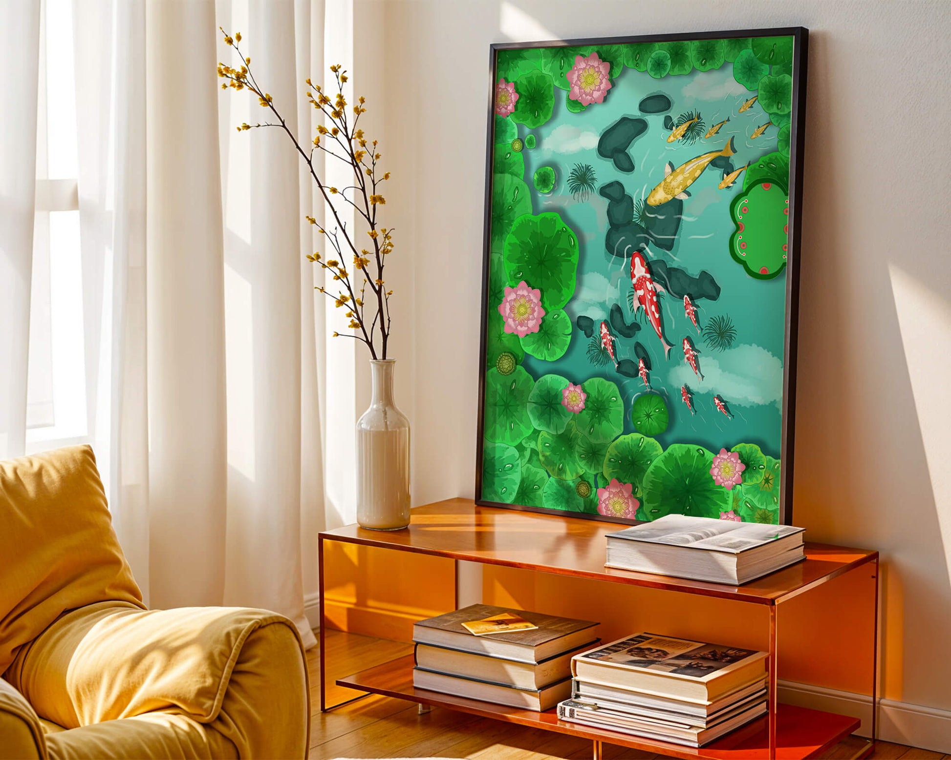 Étang à carpes koï vibrant avec des fleurs de lotus et des nénuphars verts