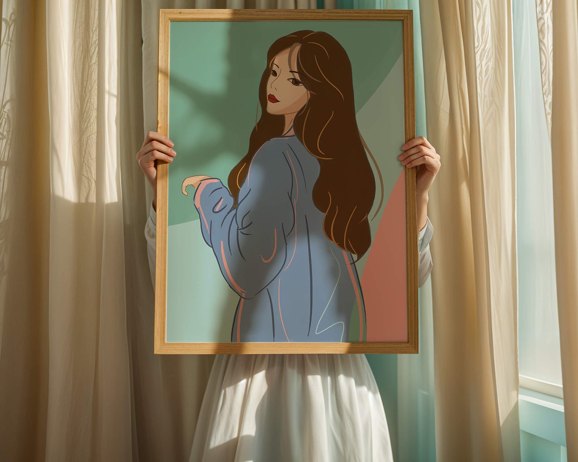 Illustration of woman with long hair and blue jacket