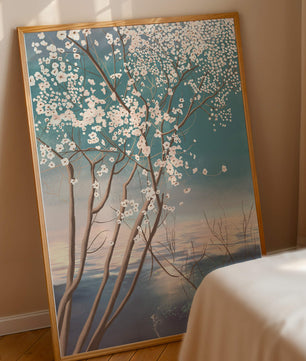 Paisaje sereno con árbol en flor sobre la reflexión del agua tranquila