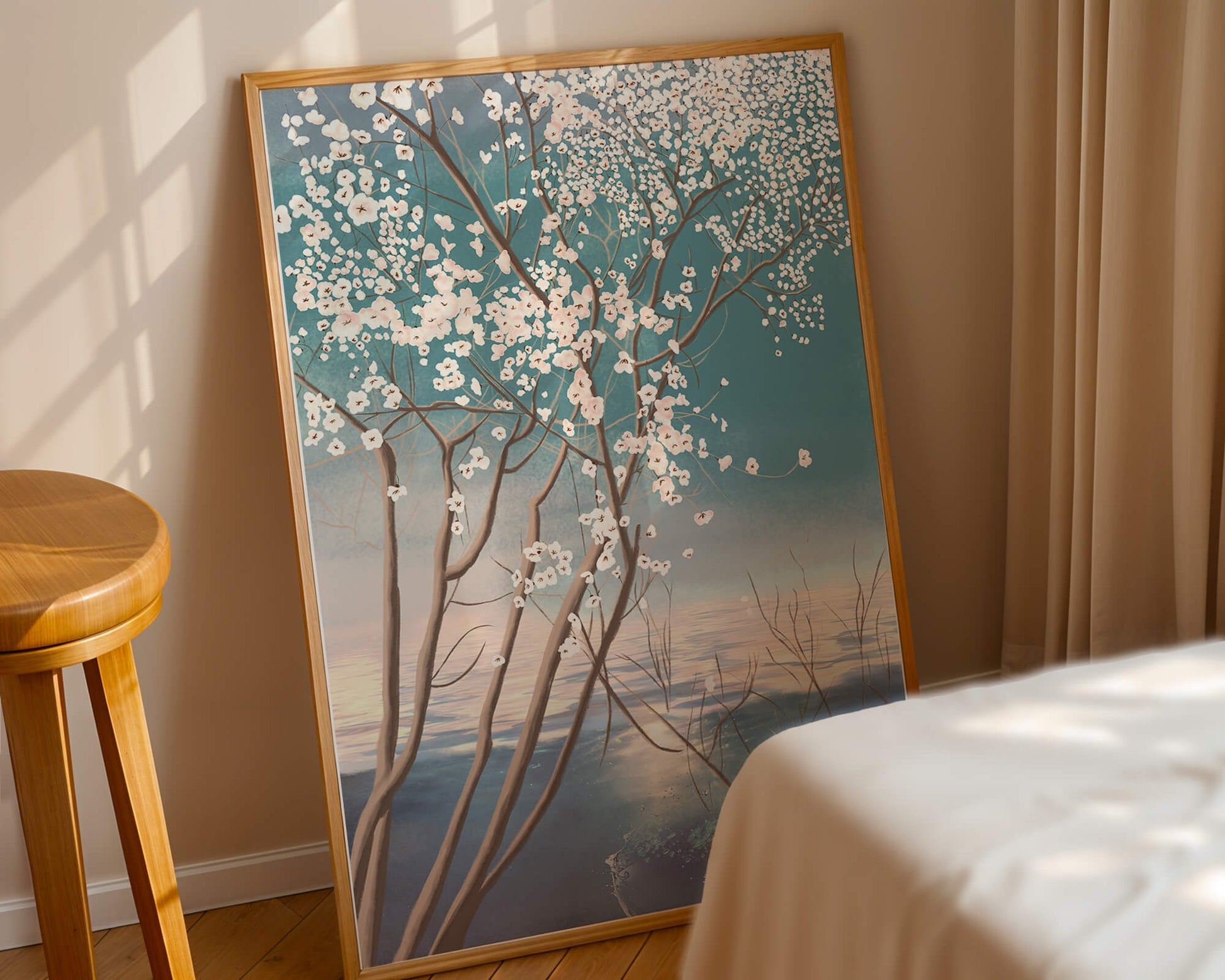 Serene landscape with blossoming tree over calm water reflection