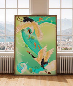 Elegante Kraniche und Fische in einer lebendigen Wasserszene