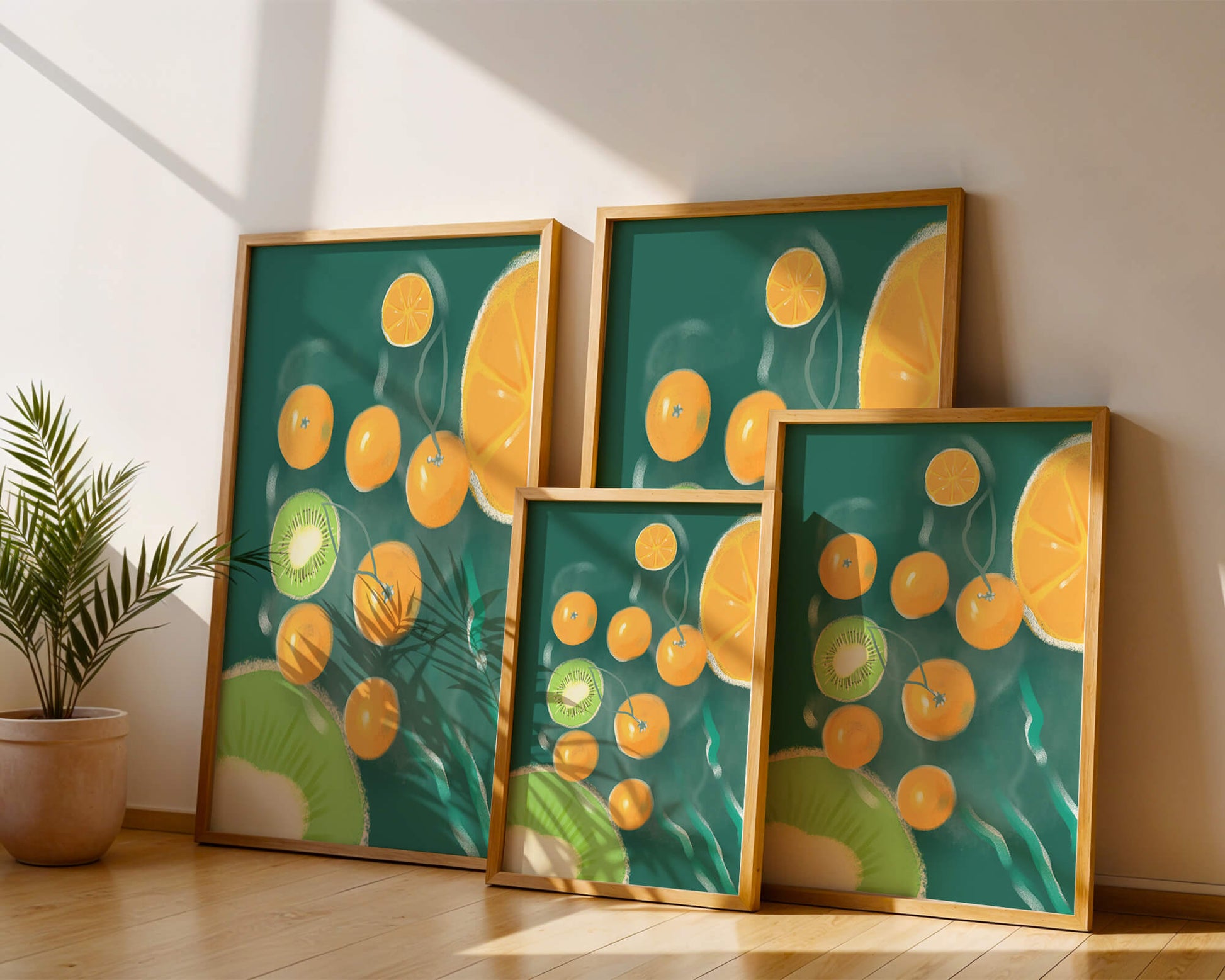 Vibrant kiwi and orange fruit pattern illustration