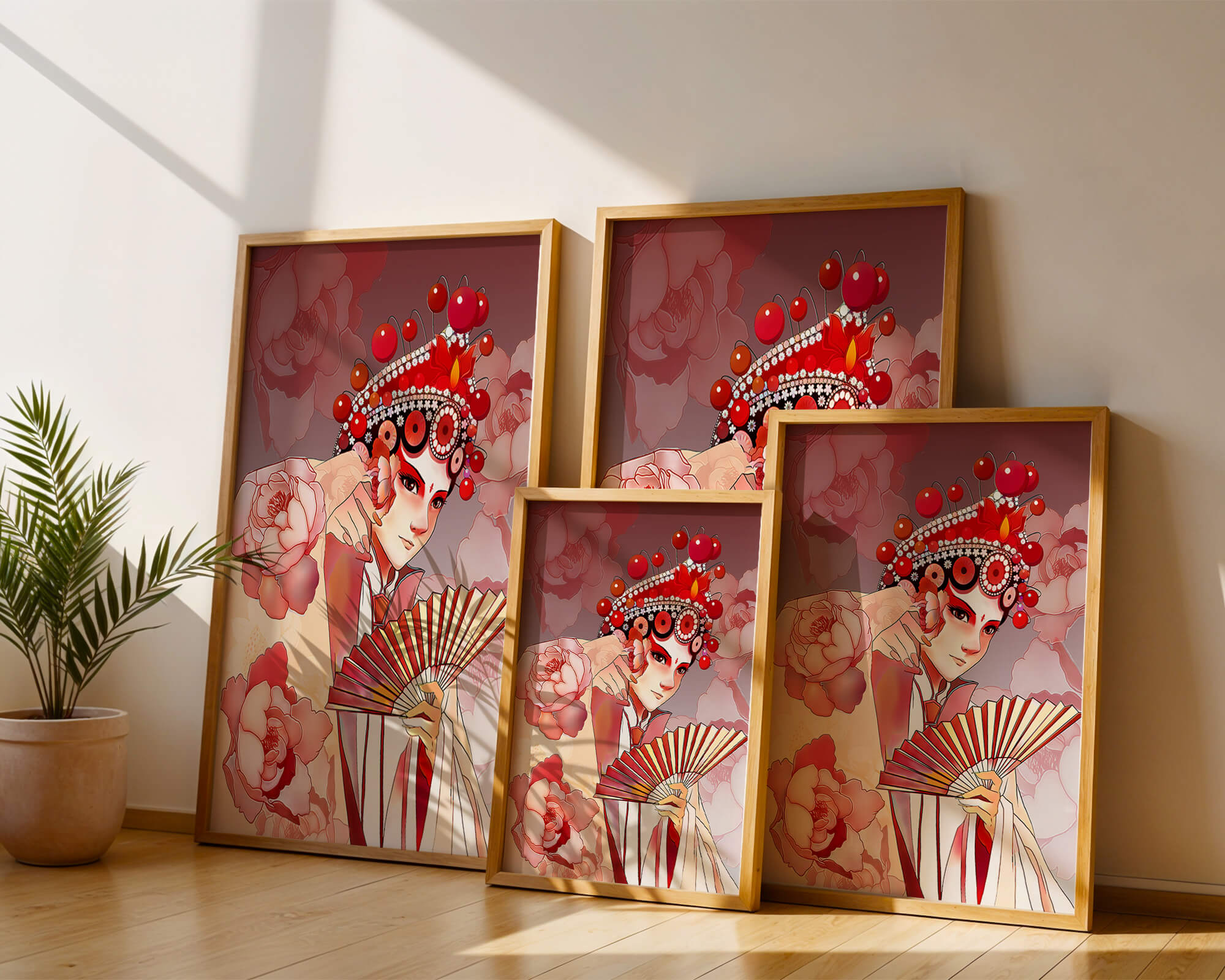 Traditional Asian artwork with floral motifs and ornate headpiece