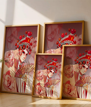 Traditional Asian artwork with floral motifs and ornate headpiece