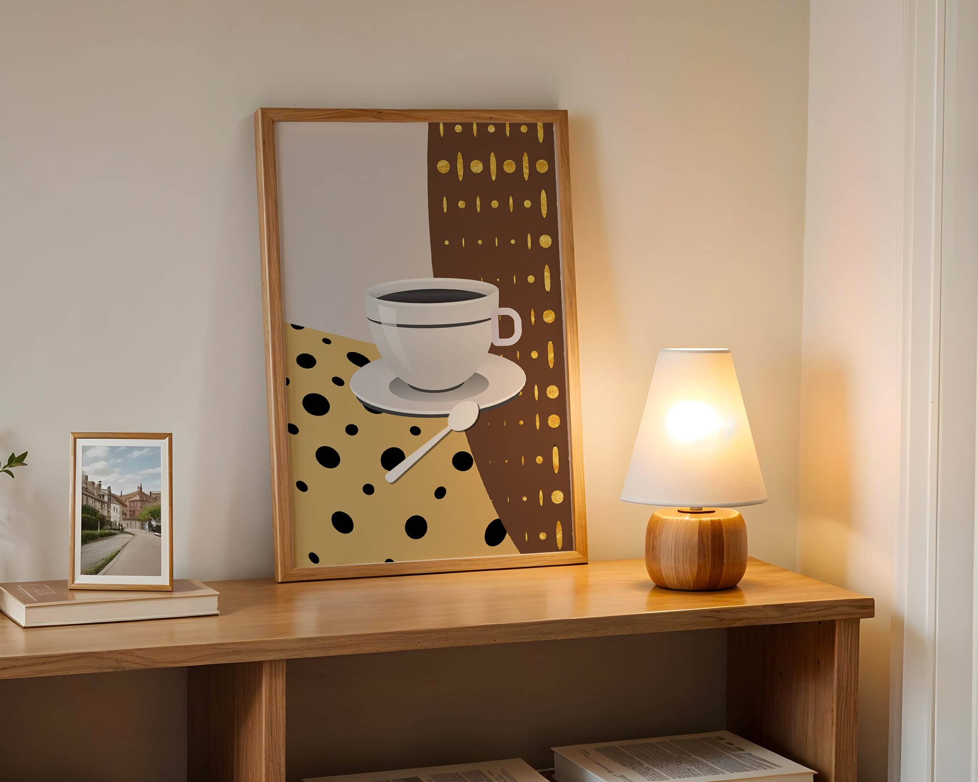 Contemporary Coffee Art with Geometric Patterns and Gold Accents - Mi tienda