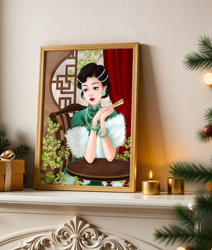 Elegant Woman in Traditional Asian Attire with Floral Background