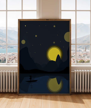 Paisaje nocturno sereno con río iluminado por la luna y bote silueteado