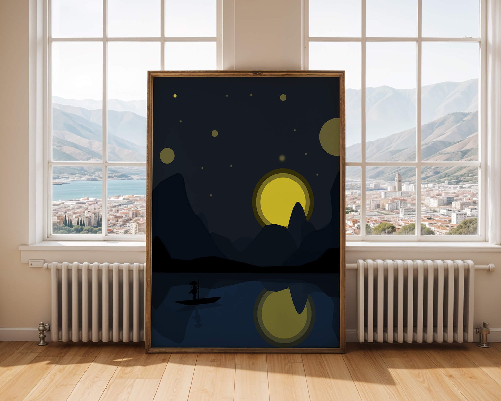 Serene night landscape with moonlit river and silhouetted boat