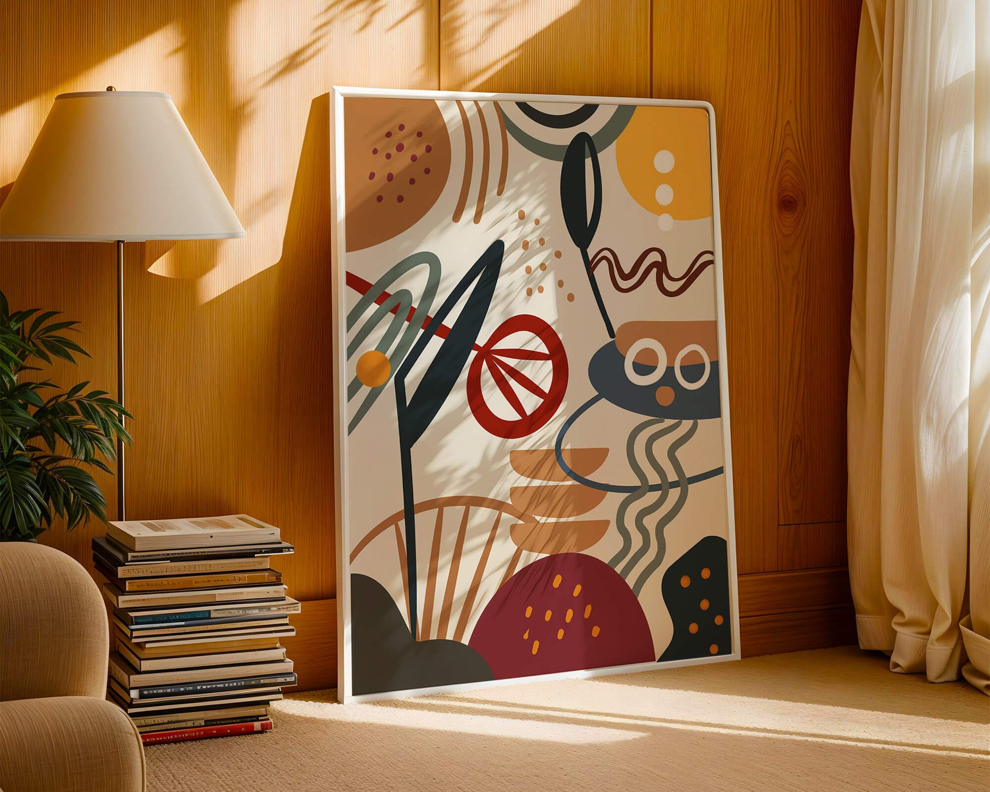 Arte geométrico abstracto con patrones y colores llamativos.