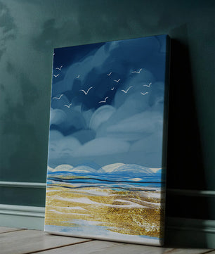 Meereslandschaft mit Vögeln in einer leuchtenden Blau- und Goldpalette