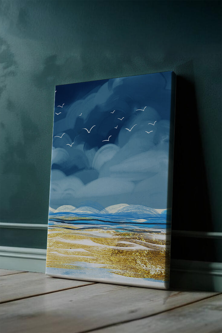 Seascape with Birds in a Vibrant Blue and Gold Palette