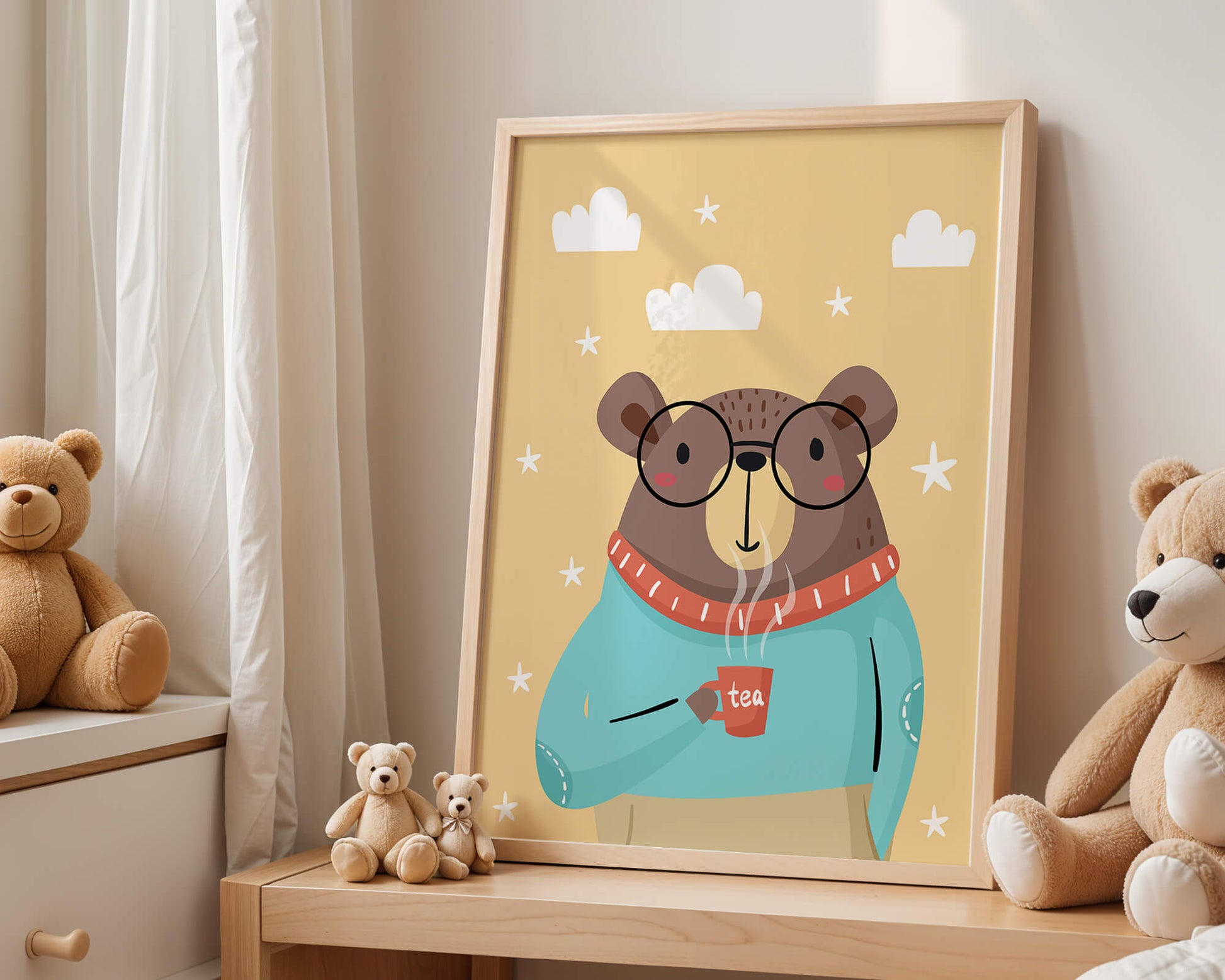 Illustration of a cozy bear enjoying tea with glasses