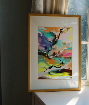 Pintura abstracta colorida con líneas vibrantes y dinámicas