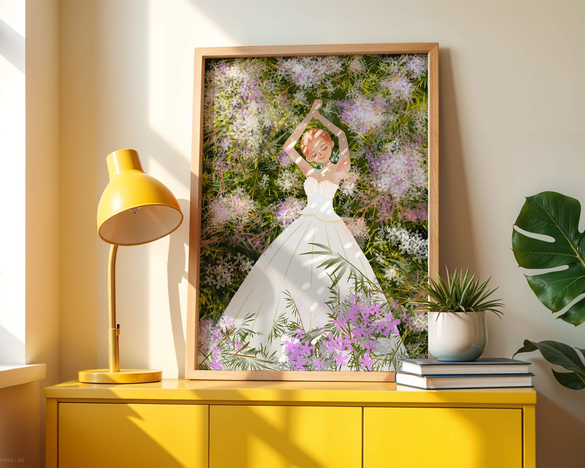 Woman in white dress lying among flowers in a garden