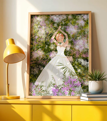 Woman in white dress lying among flowers in a garden