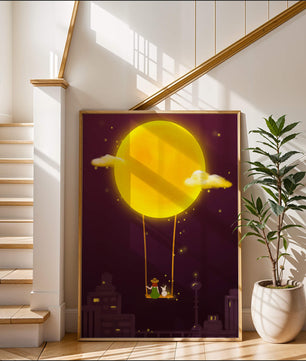 Whimsical night scene with a girl and a rabbit on a swing beneath a glowing moon