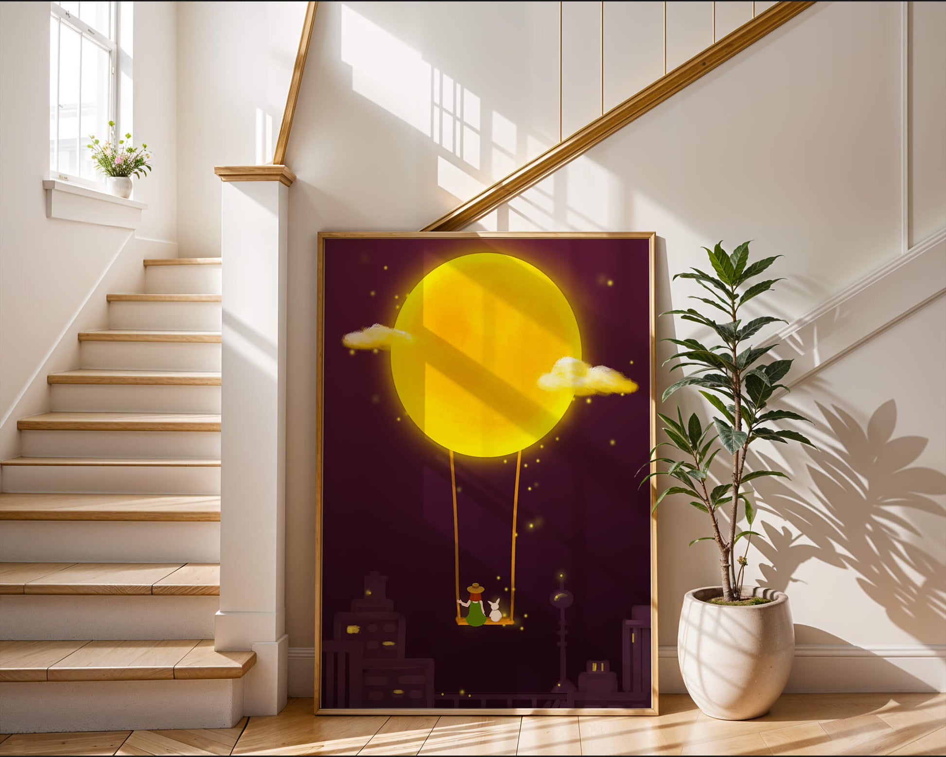 Whimsical night scene with a girl and a rabbit on a swing beneath a glowing moon