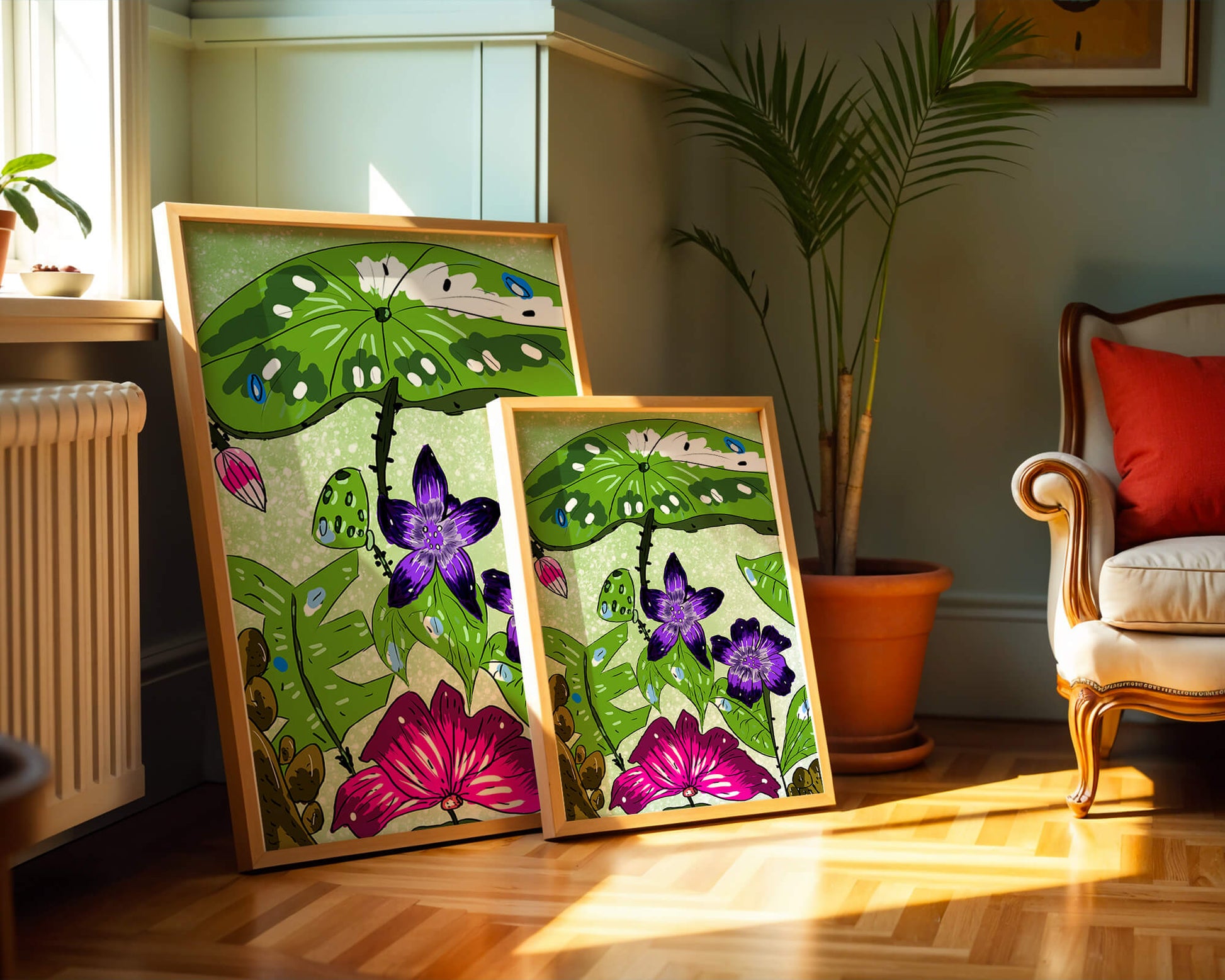 Bunte Blumenillustration mit exotischen Blumen und Blättern