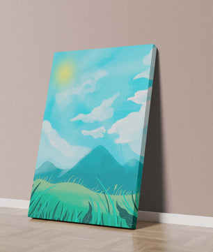 Sunny Day Overlooking a Mountain Landscape with Rolling Hills and Blue Sky