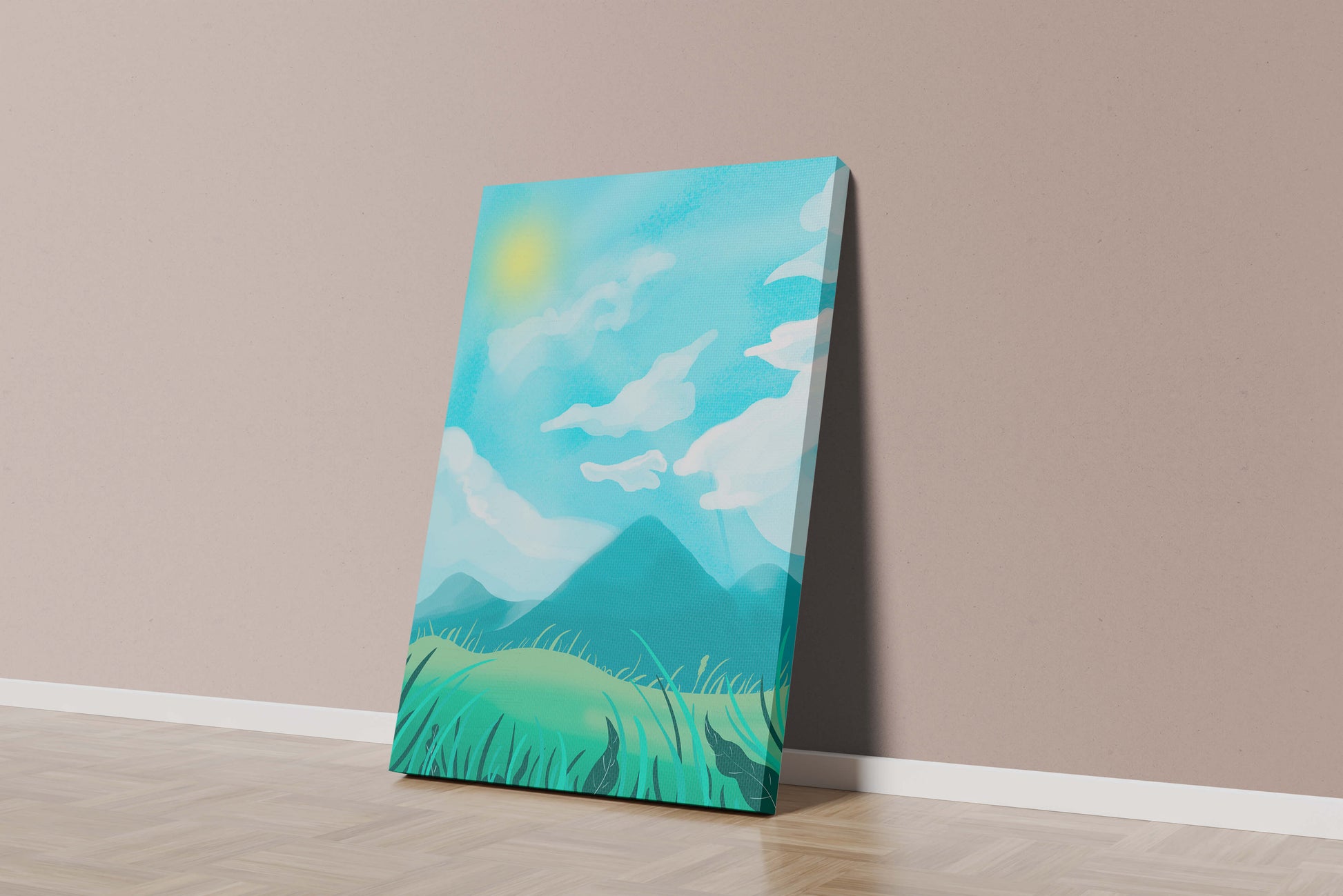 Sunny Day Overlooking a Mountain Landscape with Rolling Hills and Blue Sky