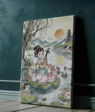 Traditional Asian Scenery with Girl Playing Instrument on Lotus Pond at Sunset