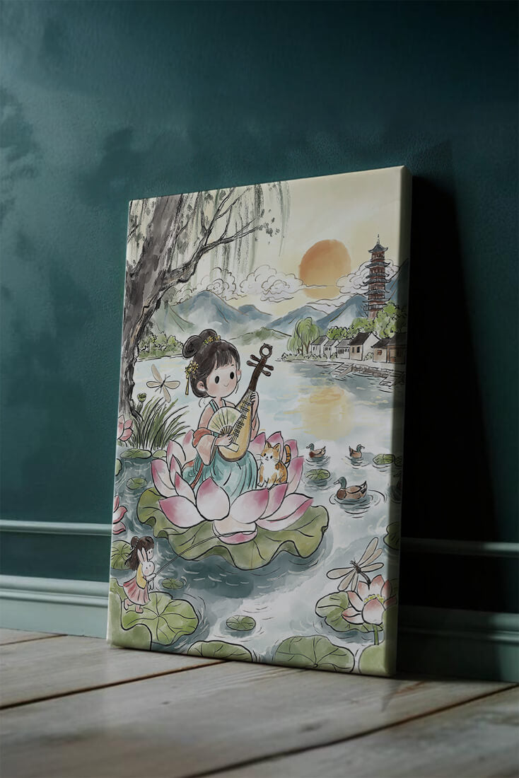 Traditional Asian Scenery with Girl Playing Instrument on Lotus Pond at Sunset