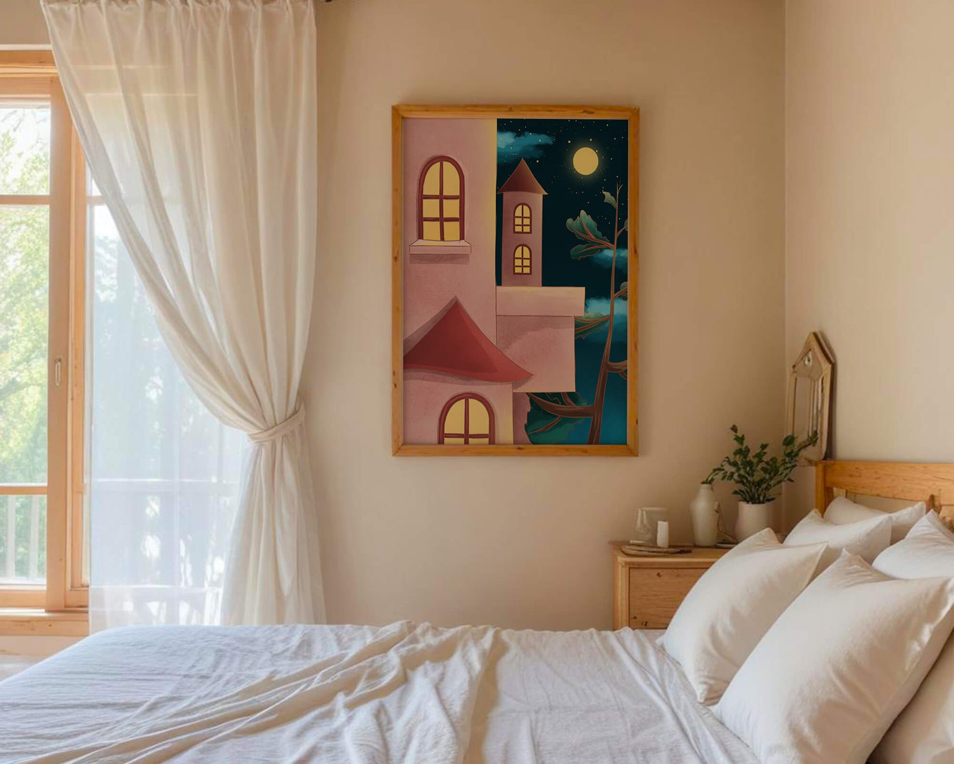 Castle with Arched Windows under Moonlit Sky