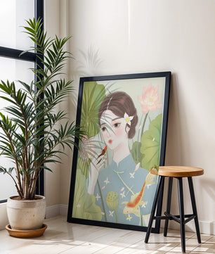 Elegant Woman in Traditional Dress with Lotus and Koi Fish - Mi tienda